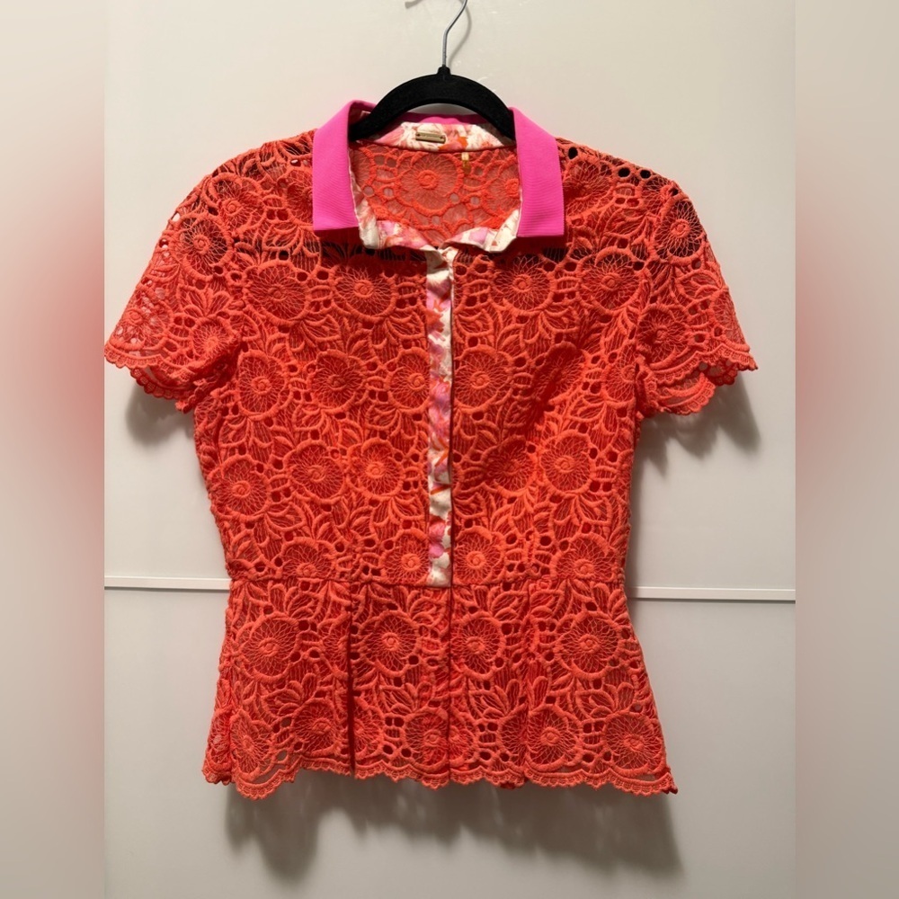 Elie Tahari Neon Orange Lace Blouse with Pink Collar
